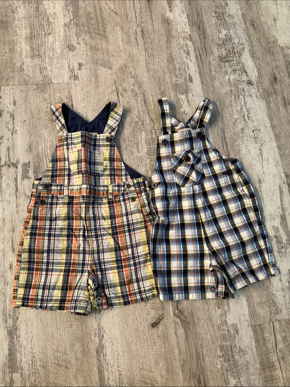 Toddler Plaid Short Overalls - Blue & Multicolor